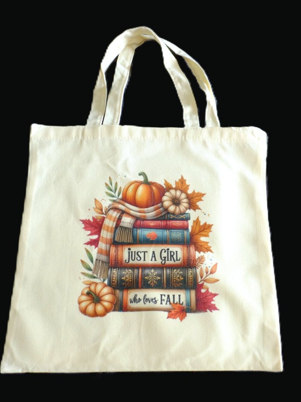 Fall Bookish Canvas Tote Bag, Handmade, carry, Girl, books, Autumn, pumpkin